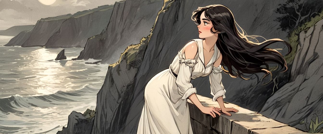 13918-280910112-graphic novel illustration of a  back of a sailor's wife worried on a ledge of the cliffs, wearing a old white dress and holding.jpg